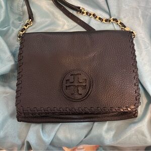Tory Burch Marion Combo Black Leather Whipstitch Crossbody Bag W Gold Details